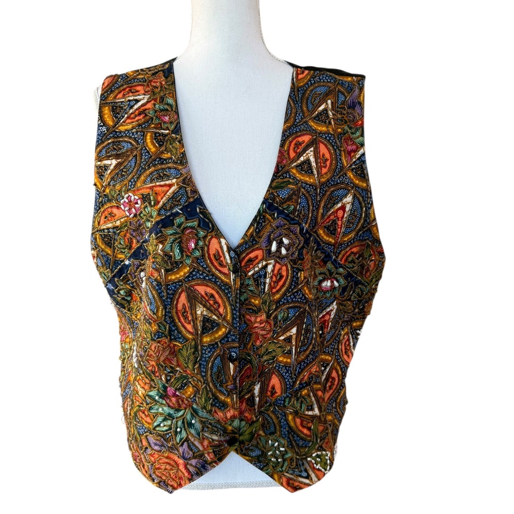 Ana Mori Vintage Beaded‎ Batik Floral Vest Black Orange Blue One Size RN 78679
